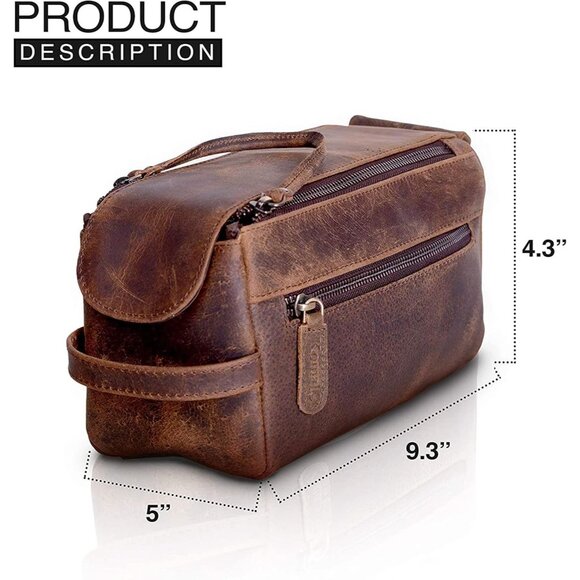 Unisex Distressed Tan Premium Buffalo Leather Toiletry Bag Travel Shaving kit - Picture 7 of 9